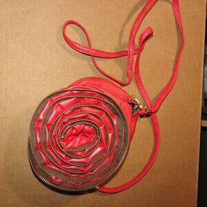 Red Spiral Zipper Round Crossbody Bag W/Adjustable Strap & Lace-Lined Interior
